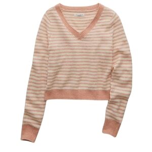 American Eagle Outfitters Pink and White Stripe V-Neck Sweater Size Large